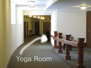 Lower Level with bathrooms, fountains, and Yoga Room